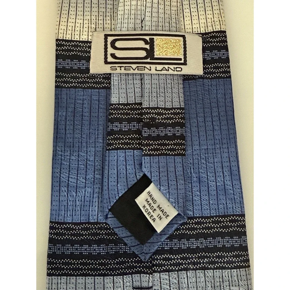 Steven Land 100% Silk Neck Tie Blue Gray‎ Black Striped Wide Handcrafted Korea